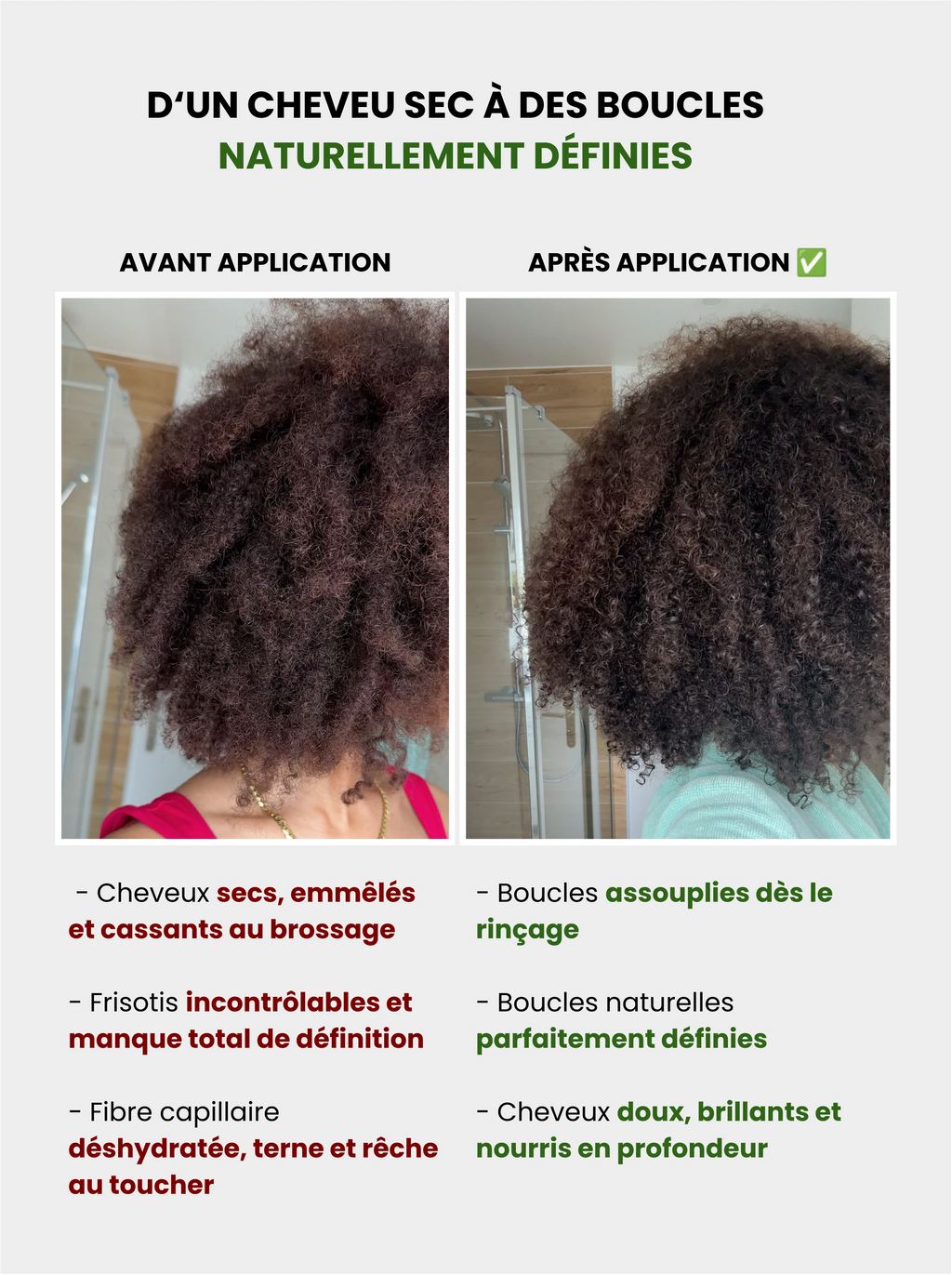 Avant-après soin cheveux crépus : boucles définies et démêlage facile